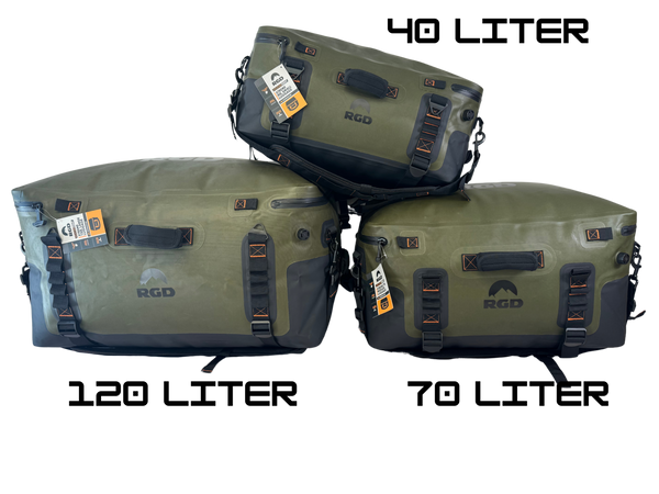 40, 70 & 120 liter fully waterproof submersible luggage bags showing sizes
