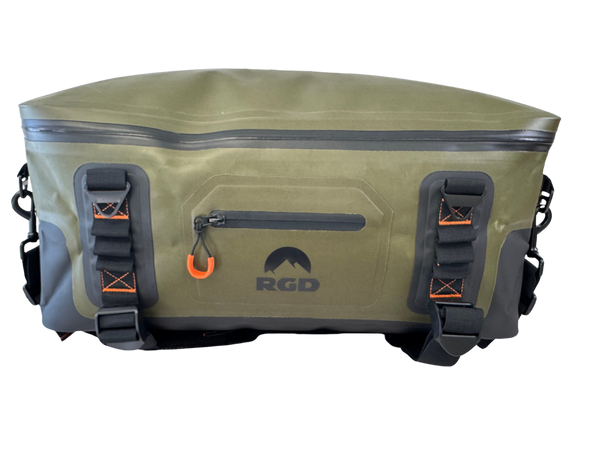 40 liter fully waterproof submersible luggage bag exterior side pocket cinch straps and tie downs