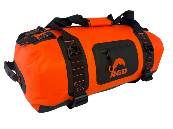 Orange fully waterproof duffel bag with black straps and RGD logo