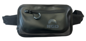 A black waterproof waist bag with multiple pockets and an adjustable strap, featuring the RGD logo.