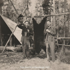 Fred Bear with Jim Henderson and a black bear cape in 1943
