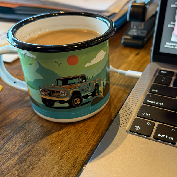 RGD Enamel Camp Cup on Desk with Coffee