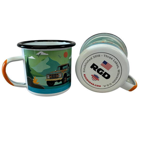 RGD enamel camp cup showing bottom graphic