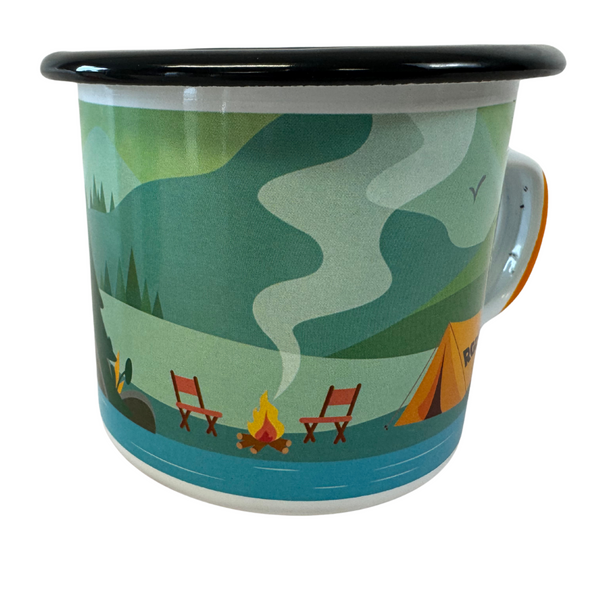 RGD enamel camp mug showing camping and fire scene