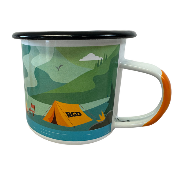 RGD enamel camp mug showing tent graphic