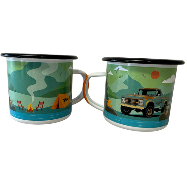 Pair of RGD enamel camp cup showing design