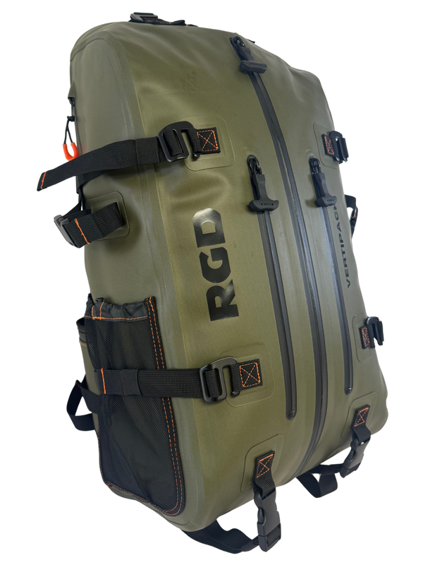 Green backpack with black straps and 'Rog' branding 