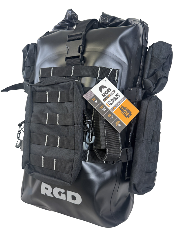 Black waterproof roll top bug out survival backpack with accessory molle bags - right side.