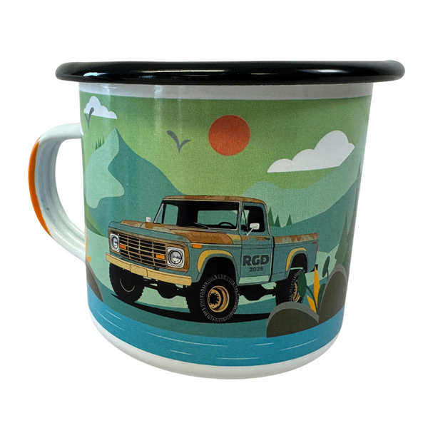 RGD enamel camp cup showing vintage 4x4 pickup truck