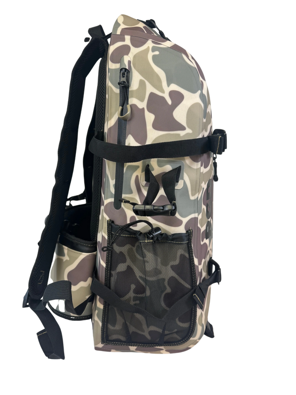 Side View Water Bottle Holder Vintage Camo Fully Waterproof TPU Backpack